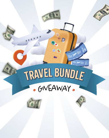 Travel Bundle Giveaway with suitcase, airplane, boarding passes, and cash.