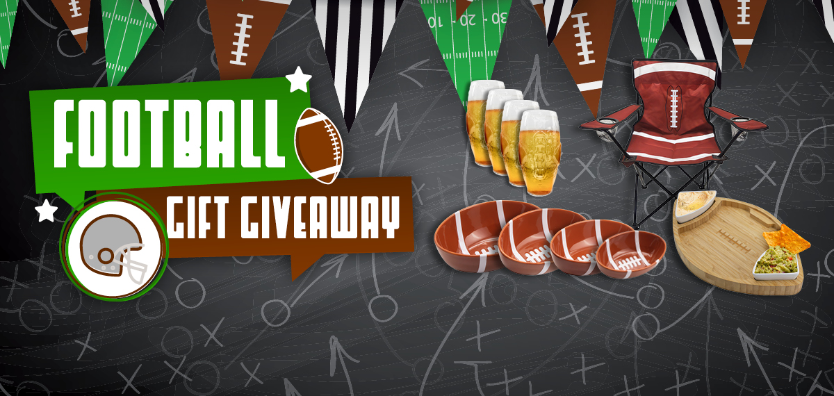 Football Gift Giveaway featuring a football chair, serving bowls, beer glasses, and a snack tray.