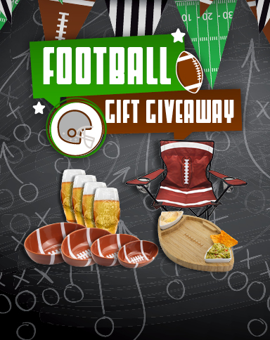 Football Gift Giveaway featuring a football chair, serving bowls, beer glasses, and a snack tray.