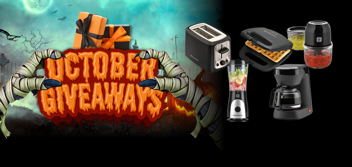 Halloween-themed October Giveaways graphic featuring spooky mummy hands, a gift box, and kitchen appliance prizes.