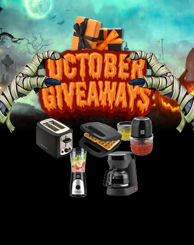Halloween-themed October Giveaways graphic featuring spooky mummy hands, a gift box, and kitchen appliance prizes.