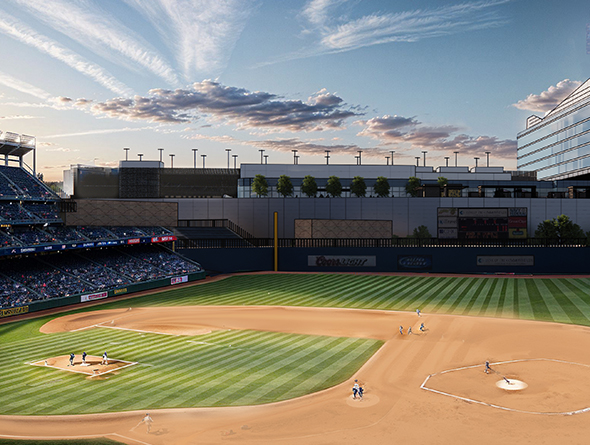 baseball stadium with players and fans in the crowd