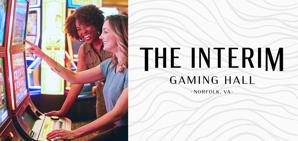 the interim gaming hall logo with woman playing slots