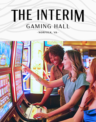 the interim gaming hall logo with woman playing slots