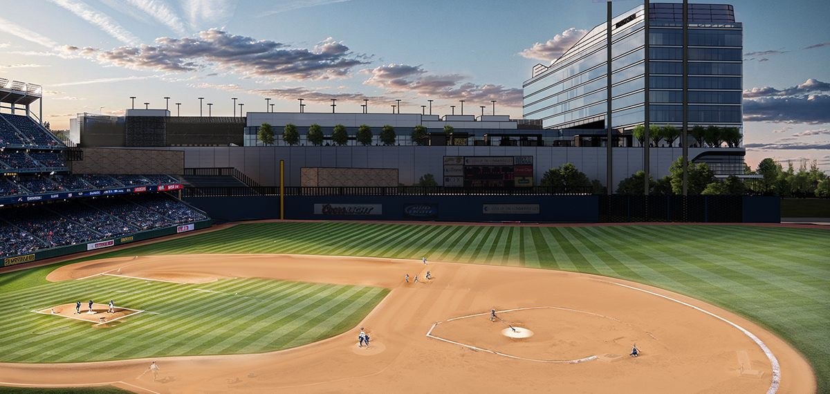 baseball stadium with players and fans in the crowd
