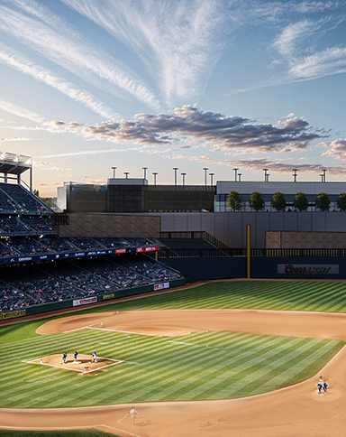 baseball stadium with players and fans in the crowd