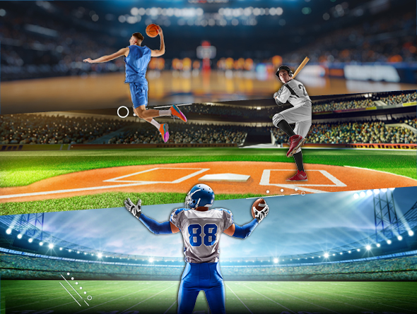 baseball, football, and basketball players on stadium backgrounds with white graphic elements
