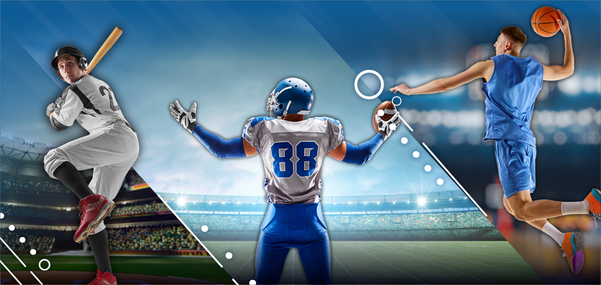 baseball, football, and basketball players on stadium backgrounds with white graphic elements