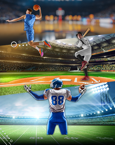 baseball, football, and basketball players on stadium backgrounds with white graphic elements