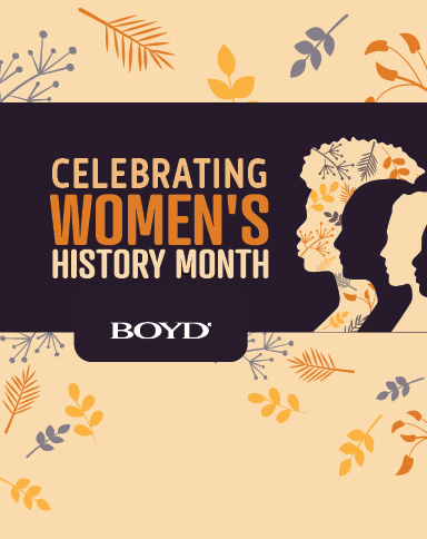 celebrating women's history month banner with women silhouettes over a leafy background with boyd logo