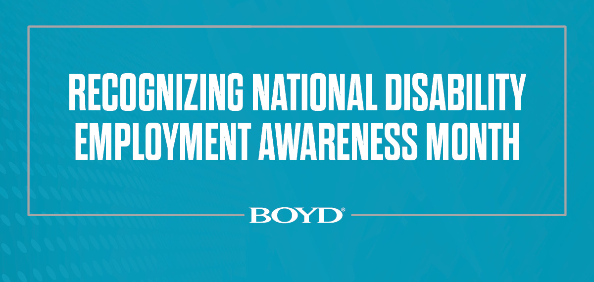 recognizing national disability awareness month on a blue background with a boyd logo