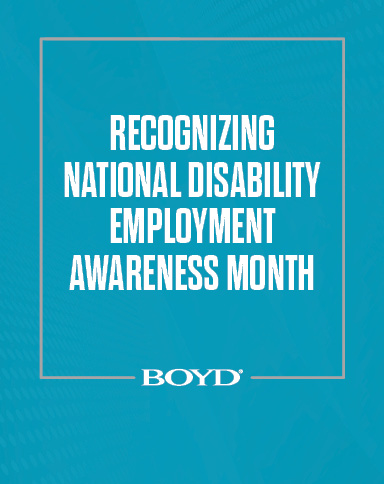 recognizing national disability awareness month on a blue background with a boyd logo