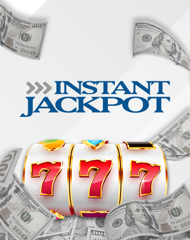 instant jackpot logo with a slot reel showing 777 with money surrounding