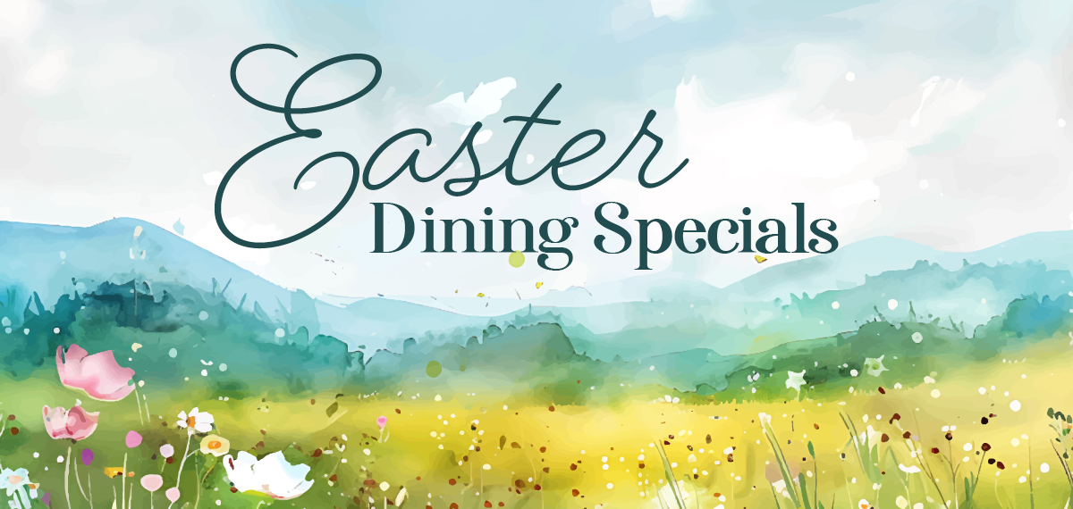 easter dining specials text on a meadow with flowers watercolor background