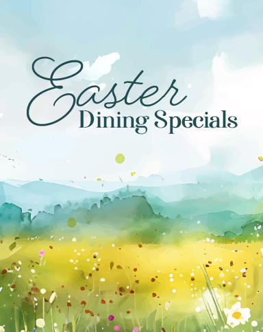 easter dining specials text on a meadow with flowers watercolor background