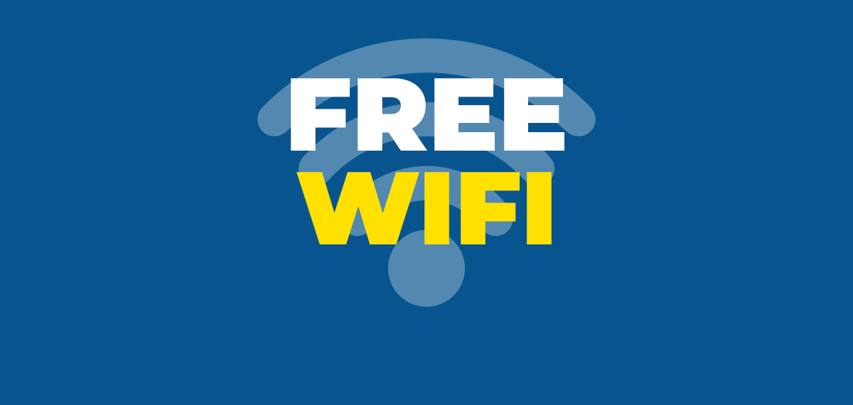 free wifi on a wifi icon on a blue background