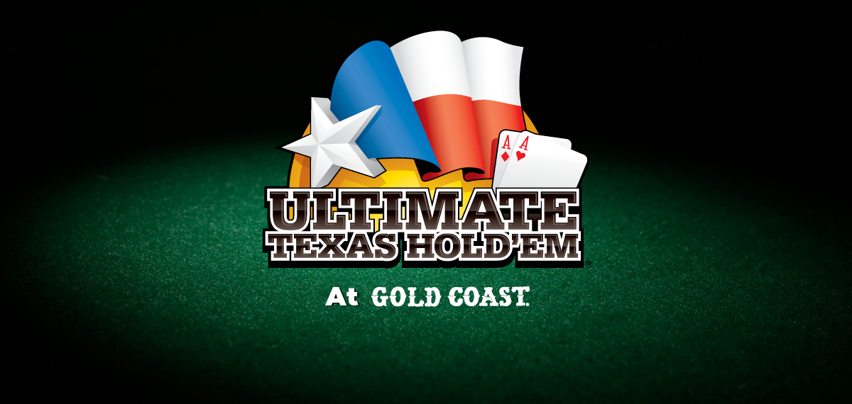 ultimate texas hold'em logo with gold coast logo on green table felt background