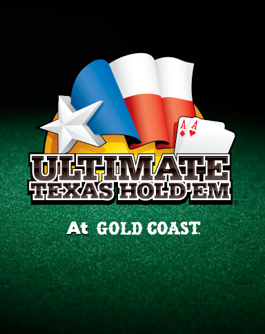 ultimate texas hold'em logo with gold coast logo on green table felt background