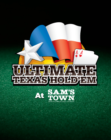 ultimate texas hold'em logo with sam's town logo on green table felt background