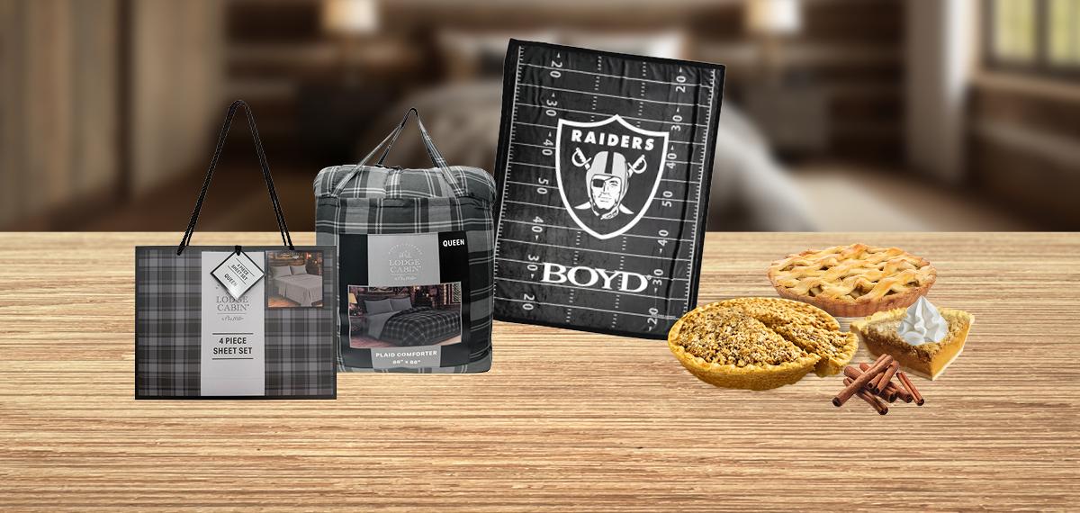 November Boyd Rewards gift promotion featuring a sheet set, comforter, Raiders blanket, and assorted pie.
