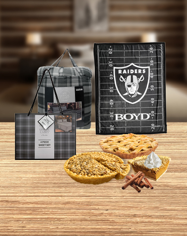 November Boyd Rewards gift promotion featuring a sheet set, comforter, Raiders blanket, and assorted pie.