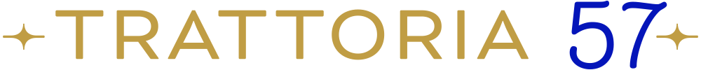 trattoria 57 logo in gold and blue with stars on each side of the letters