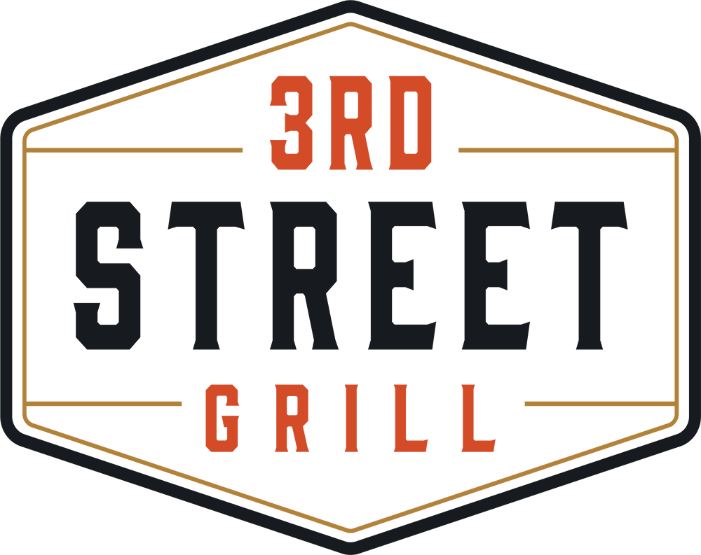 3rd street grill logo in red and black with a brown and black hexagon border